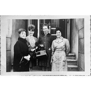 Vintage Black & White Photograph Of Four Women Standing Outdoors With Handbags
